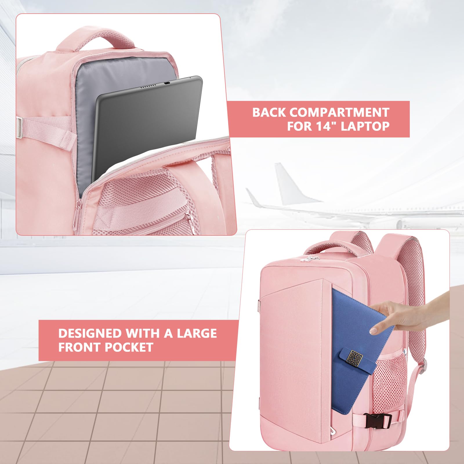 KIRFEIHT Zaino da Viaggio 40x20x25 per Ryanair Borsa da Viaggio per Cabina - Bagaglio a Mano Aereo Piccolo, Zaini Universali per Scuola Trekking Lavoro (Rosa)