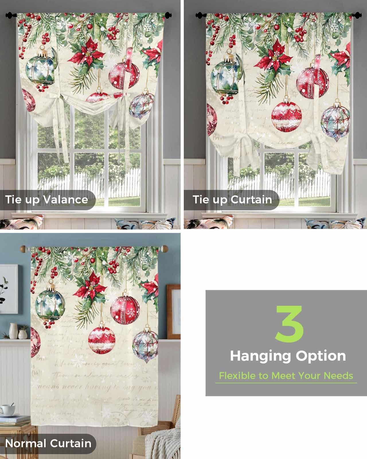 MISHKIN Christmas Balls Tie Up Curtain for Window Blackout Balloon Valance Curtain for Bathroom Winter Vintage Poinsettia Berry Snowflake Beige Window Shade for Kitchen Living Room Bedroom 42
