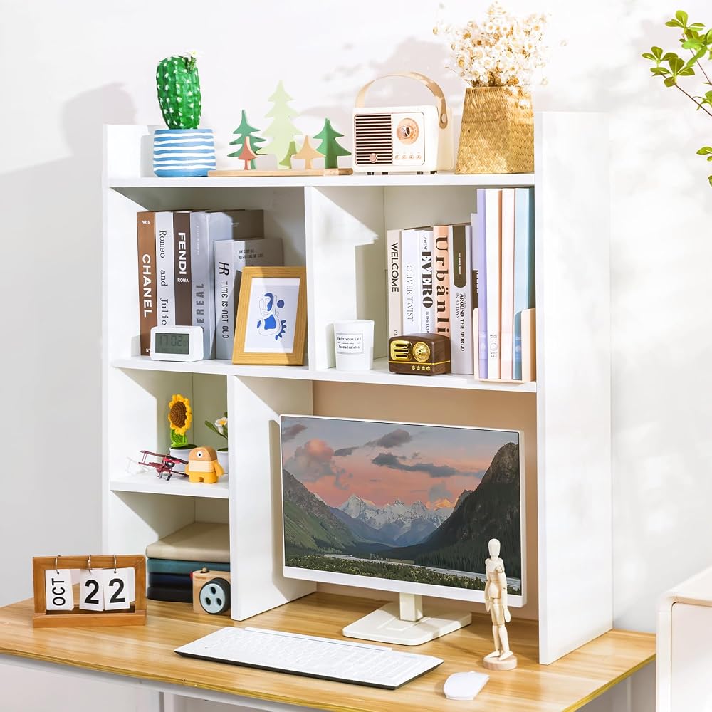 deli Desktop Shelf, Desk Hutch with 5 Shelves for Computer Desk, White