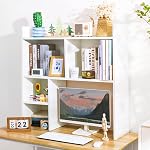 deli Desktop Bookshelf, High-Capacity Desk Hutch Organizer with 7 Shelves and 2 Drawers for Computer Desk, Desk Shelf Organizer for Dorm Office Home, White