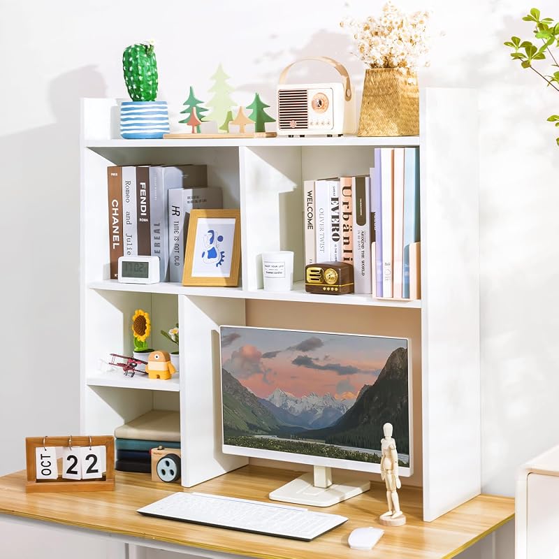 deli Desktop Shelf, Desk Hutch with 5 Shelves for Computer Desk, White | 3-Tier Desktop Display Rack, Multipurpose Wood Desktop Bookshelf Storage Organizer for Dorm Office Home