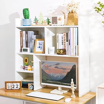 deli Desktop Shelf, Desk Hutch with 5 Shelves for Computer Desk, White | 3-Tier Desktop Display Rack, Multipurpose Wood Desktop Bookshelf Storage Organizer for Dorm Office Home