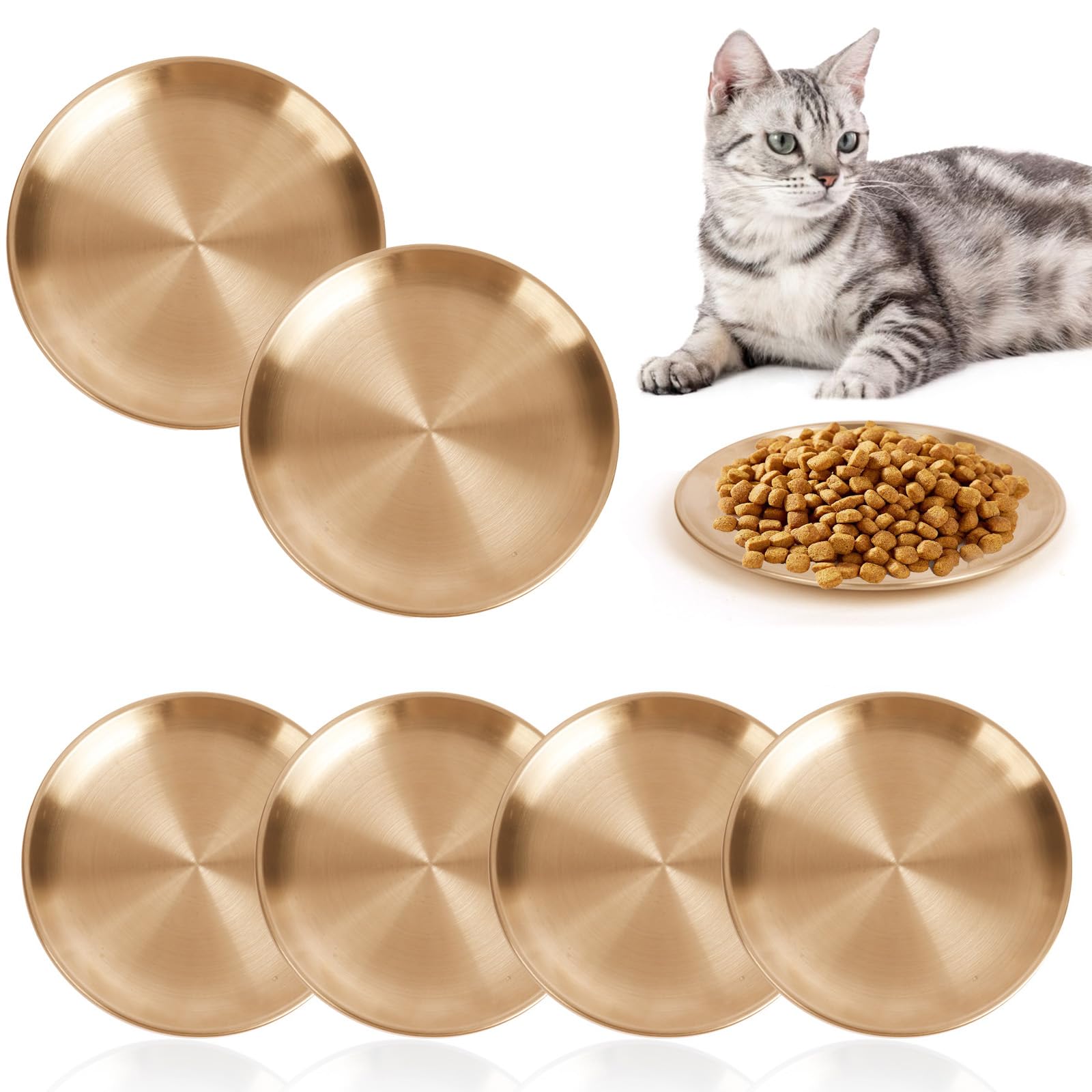 Wsetyy 6Pcs Stainless Steel Cat Food Bowls, Whisker Fatigue Cat Dishes, Wide Cat Plate Bowls Shallow Food Bowl for Cats, Kittens & Puppies (Gold, 14cm, 6pcs)