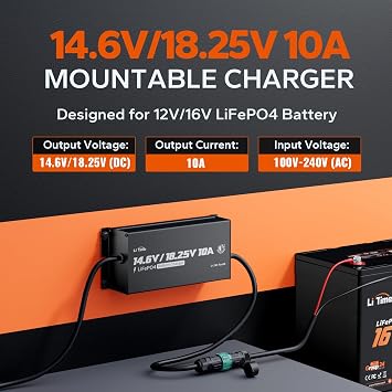 LiTime 12V(14.6V) & 16V(18.25V) 10A Mountable LiFePO4 Battery Charger, IP65 Waterproof, AC to DC Fast Charger with Adjustable Voltage, Smart BMS Activation & LED Indicator
