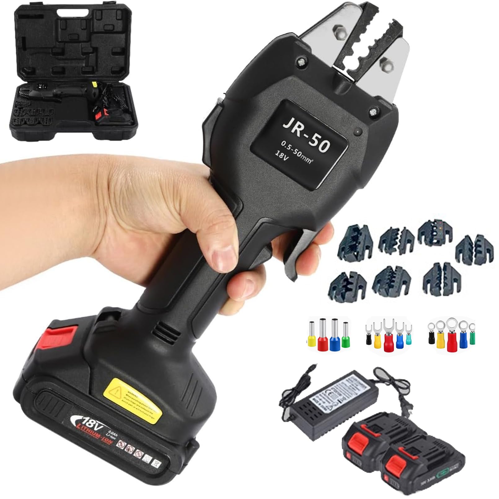 Pinza crimpatrice elettrica, alimentazione a batteria, 16 kN, con 7 stampi per connettori pre-isolati, tubolari, non isolati, include 1 batteria