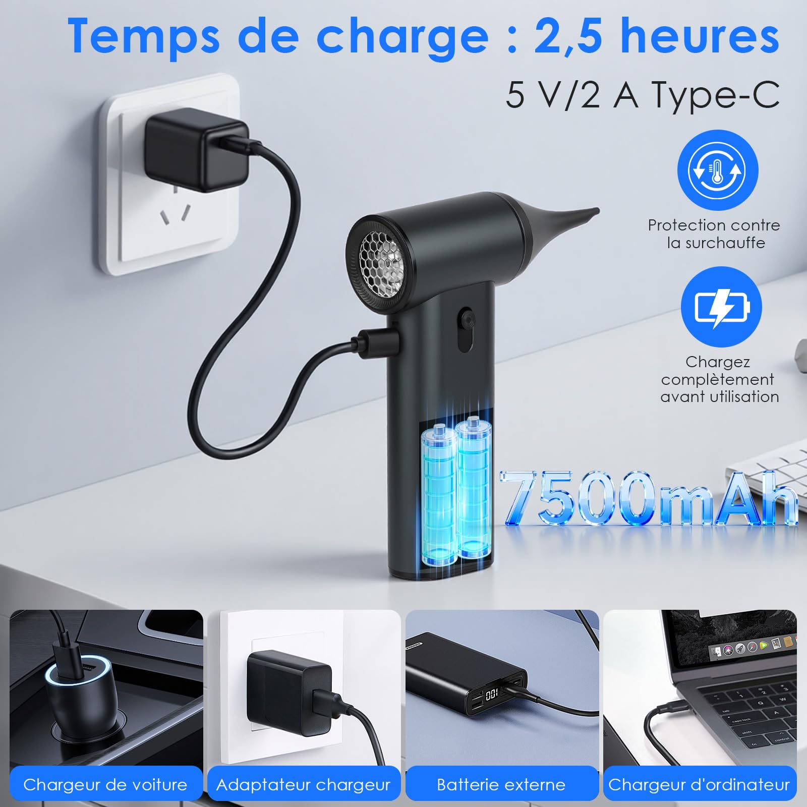 Souffleur Air Comprimé, Alliage d'aluminium 180000 TR/Min Souffleur PC Batterie 7800mAh, Ajustez à volonté Soufflette Air Comprimé, avec Kit de Brosses de Nettoyage, pour PC, claviers, voitures