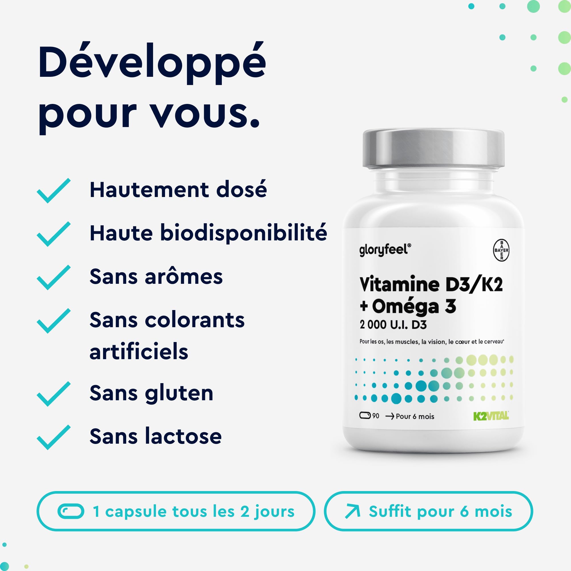 Oméga 3 (1000mg) avec Vitamine D3 (2000 UI) + K2 100 µg, 90 Gélules, Huile de Poisson (400mg d'EPA et 300mg de DHA) Fortement Dosée, Vit D3 Cholécalciférol + Vit K2 MK7, Sans Arômes et Additifs