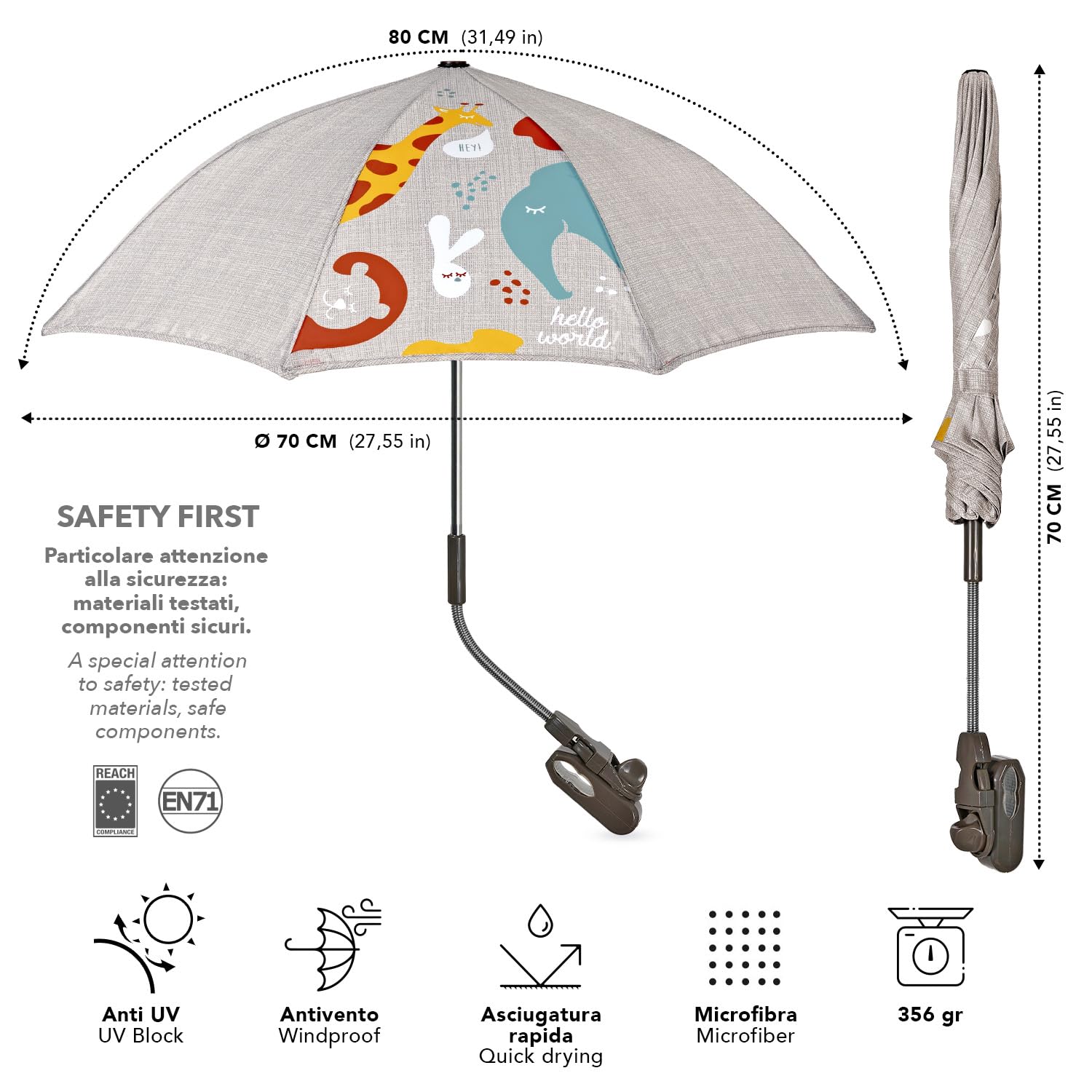 PERLETTI Uniwersalna Parasolka Przeciwsłoneczna do Wózka Anti-UV 50+ - Parasol Słońce Deszcz dla Niemowląt Dzieci ze Zwierzętami - Mini Parasolka Ręczna do Wózka Dziecięcego - Średnica 70 cm (Beżowy)