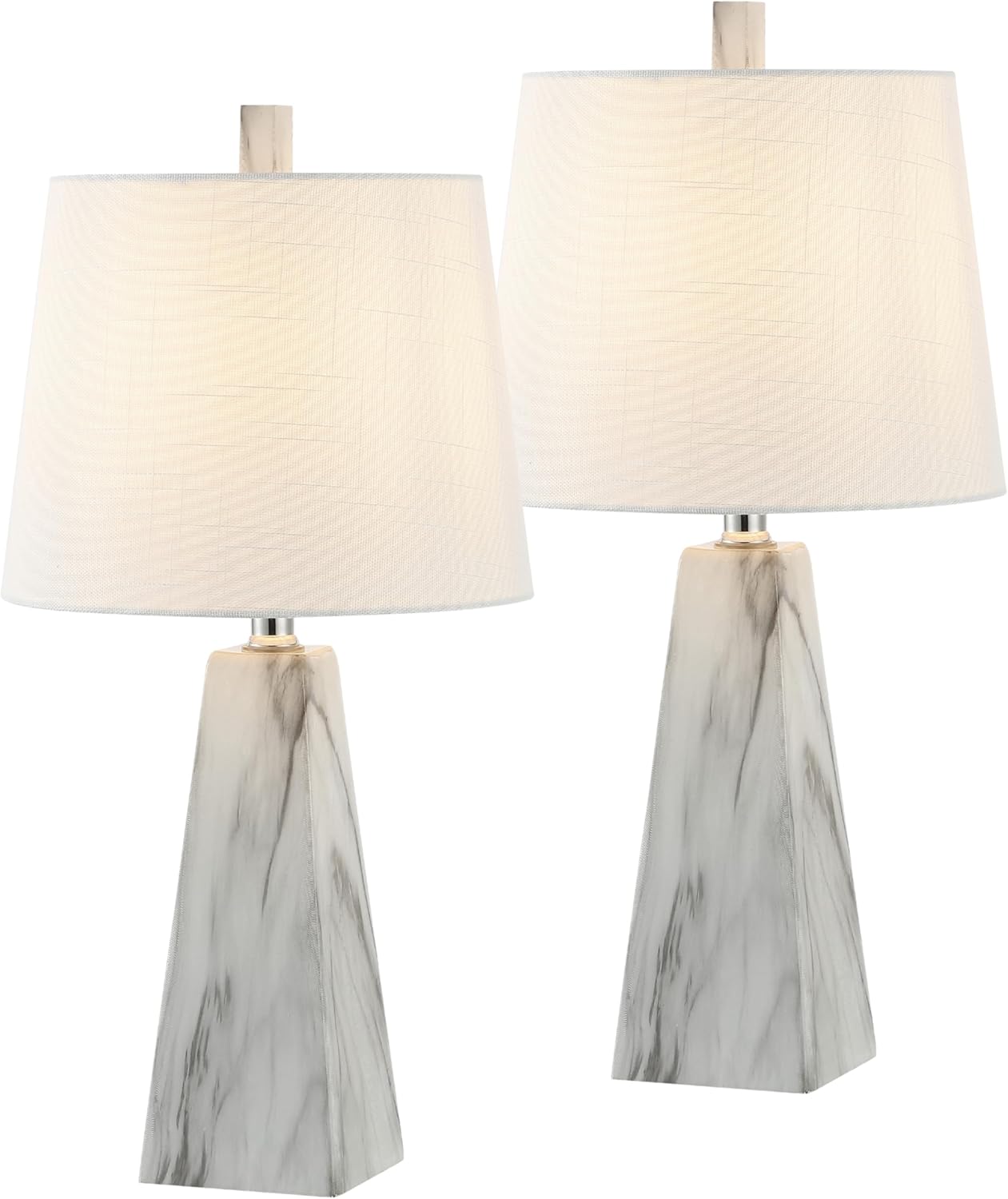 JONATHAN Y 20.5" White Marble Finish Modern Resin Table Lamp for Bedroom Living Room, Contemporary Faceted Bedside Lamp with White Linen Shade, LED Bulb Included (JYL1037A-SET2)