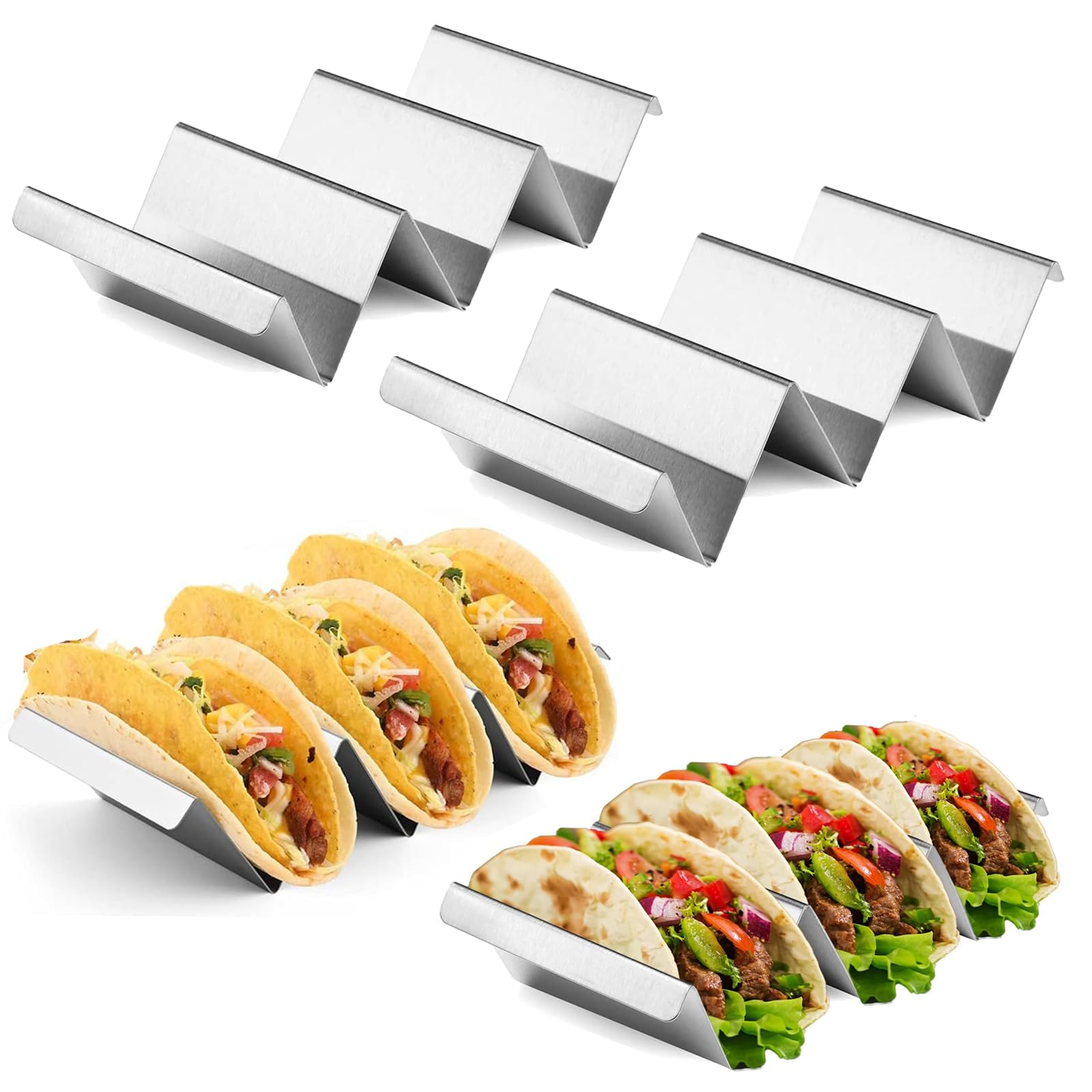 4 Stück Taco Halter, 22cm*10cm*5cm, Taco Ständer mit Griffen, Taco Ständer aus Edelstahl 3-Tacos, Halter Ständer in Wellenform, für Tacos, Pfannkuchen, Würste Behalter, Sandwiches