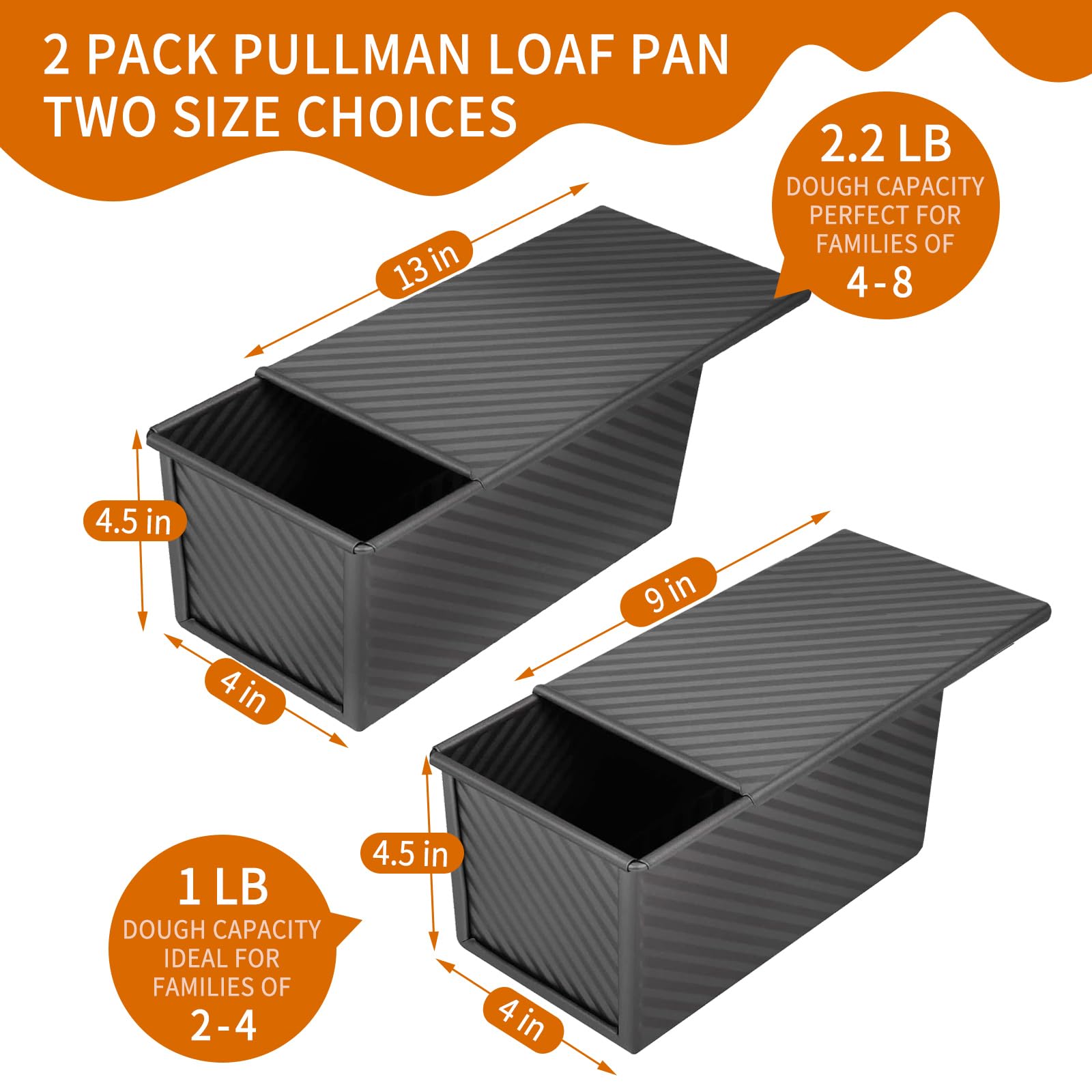 PADELE 2 Pack Pullman Loaf Pan with Lid, 13x4 & 9x4 inch (2.2 lb & 1 lb Dough Capacity), Non-Stick Sandwich Bread Loaf Pan for Homemade Baking Bread, Black