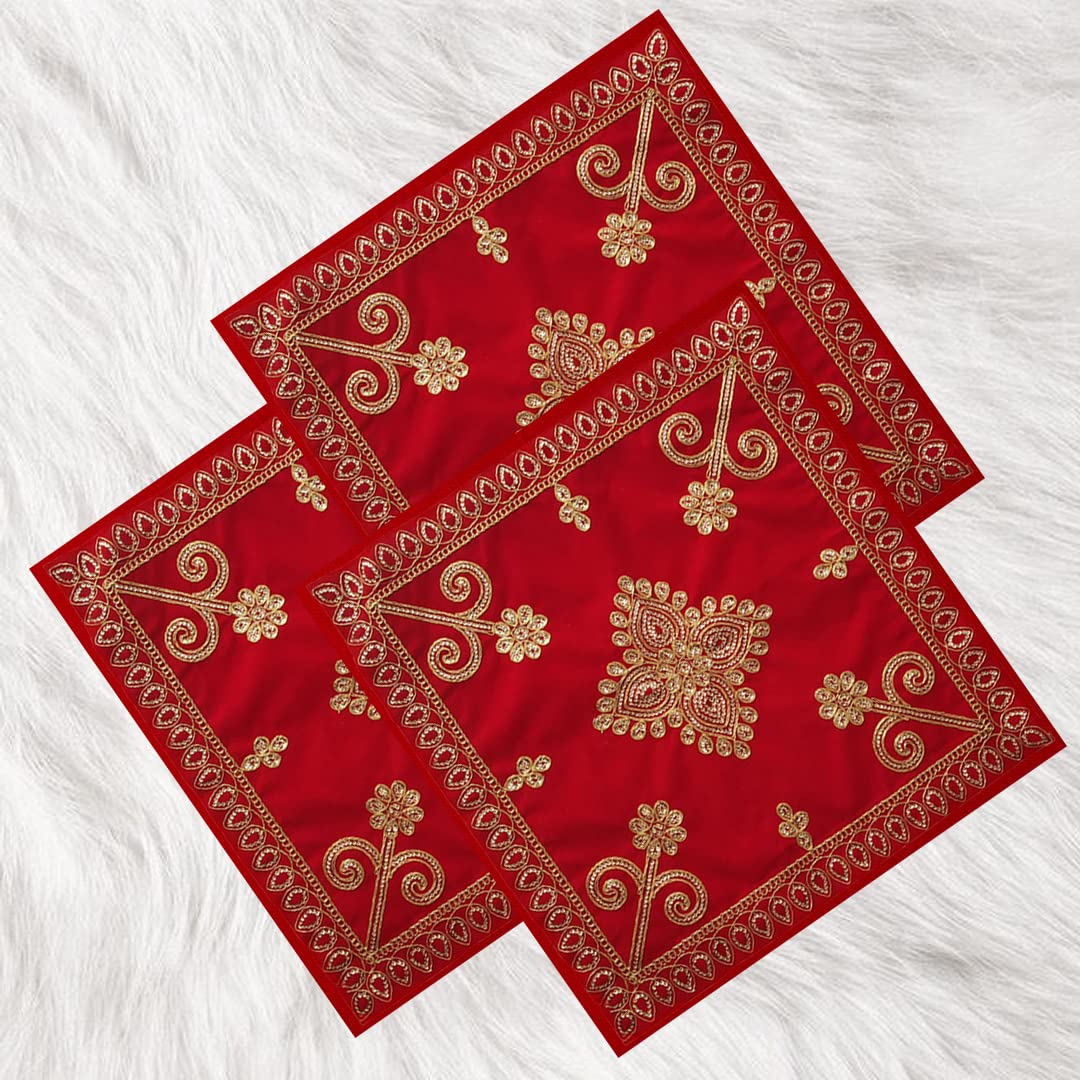 Aasanwala Red Velvet Designer Aasan Pooja Cloth Set of 3 Mandir Temple Home Office Base Chowki 38 x 38 cm-picture-25