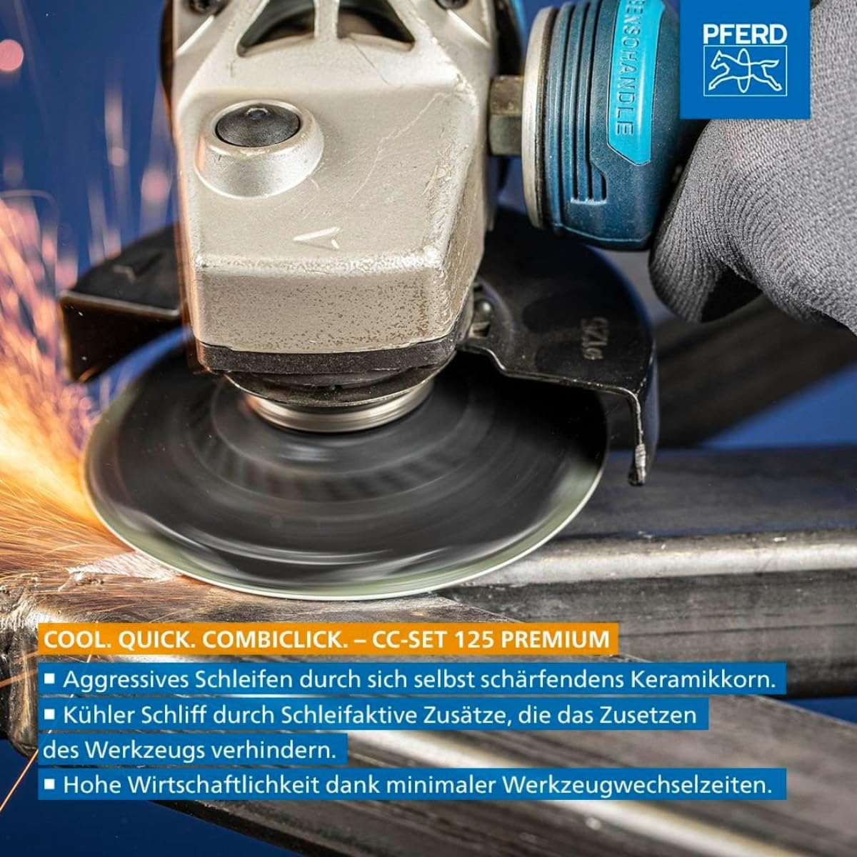 PFERD TOOLS COMBICLICK-Set, 19-teilig, Fiberschleifer, Filz- und Vlieswerkzeuge, Außen-ø 125 mm, Gewinde M14, inkl. Stützteller, 49350072 – für die Oberflächenbearbeitung von grob bis spiegelpoliert