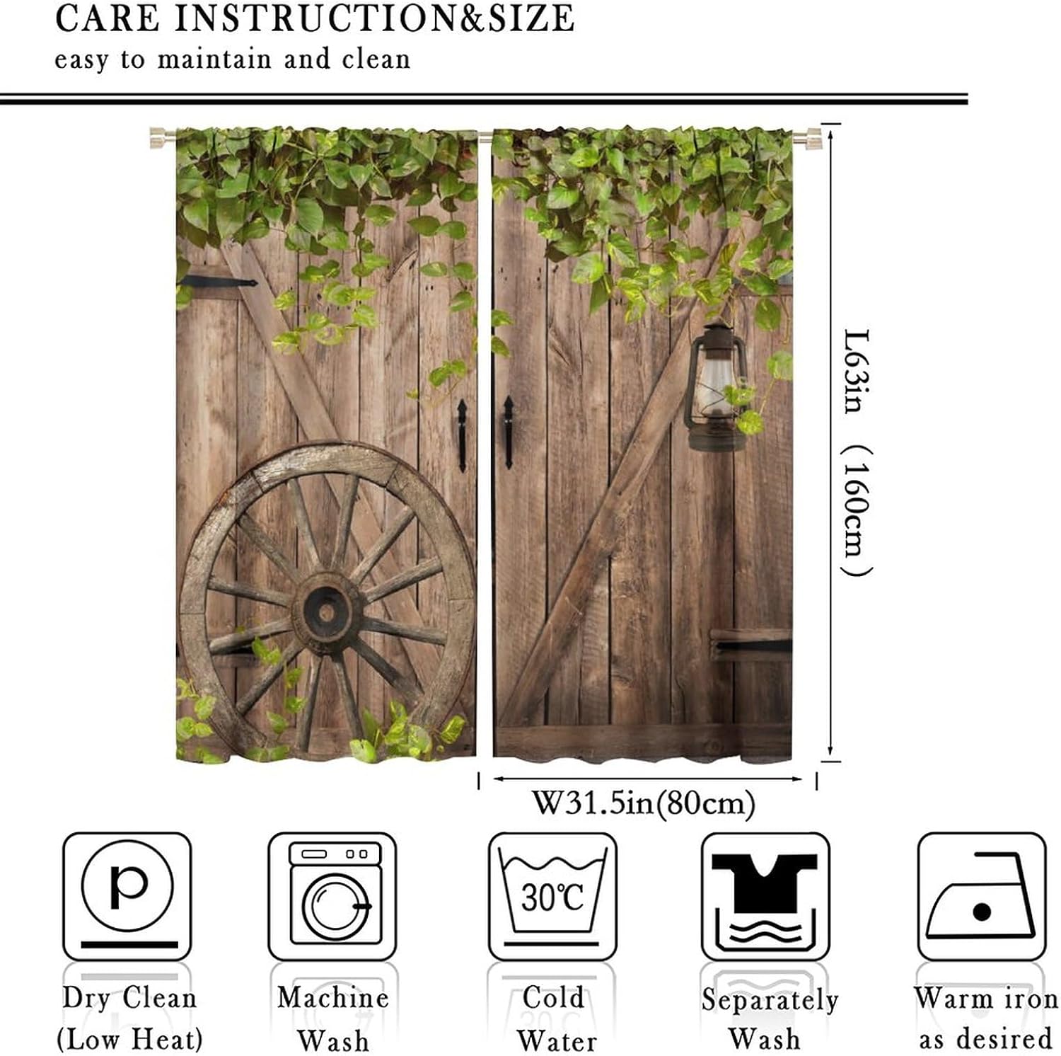 Wood Barn Door Blackout Curtains for Bedroom, Rustic Wood Wagon Wheel Farmhouse Barnwood Green Leaves Plank Rod Pocket Thermal Insulated Room Darkening Curtains Window Drapes 63x63in
