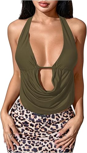 SHENHE Camiseta corta sexy Y2k con cuello en V profundo y espalda abierta para mujer