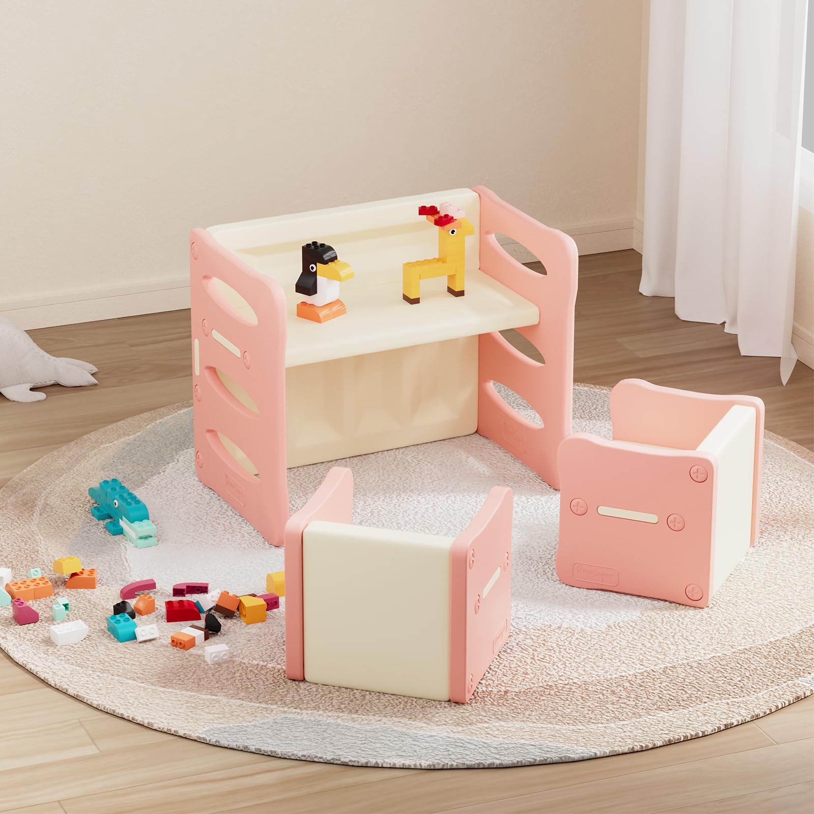 Benarita Toddler Table and Chair Set Multifunctional Children Plastic Activity & Study Table with 2 Stools Kids Desk and Chairs for Preschoolers（Pink White）