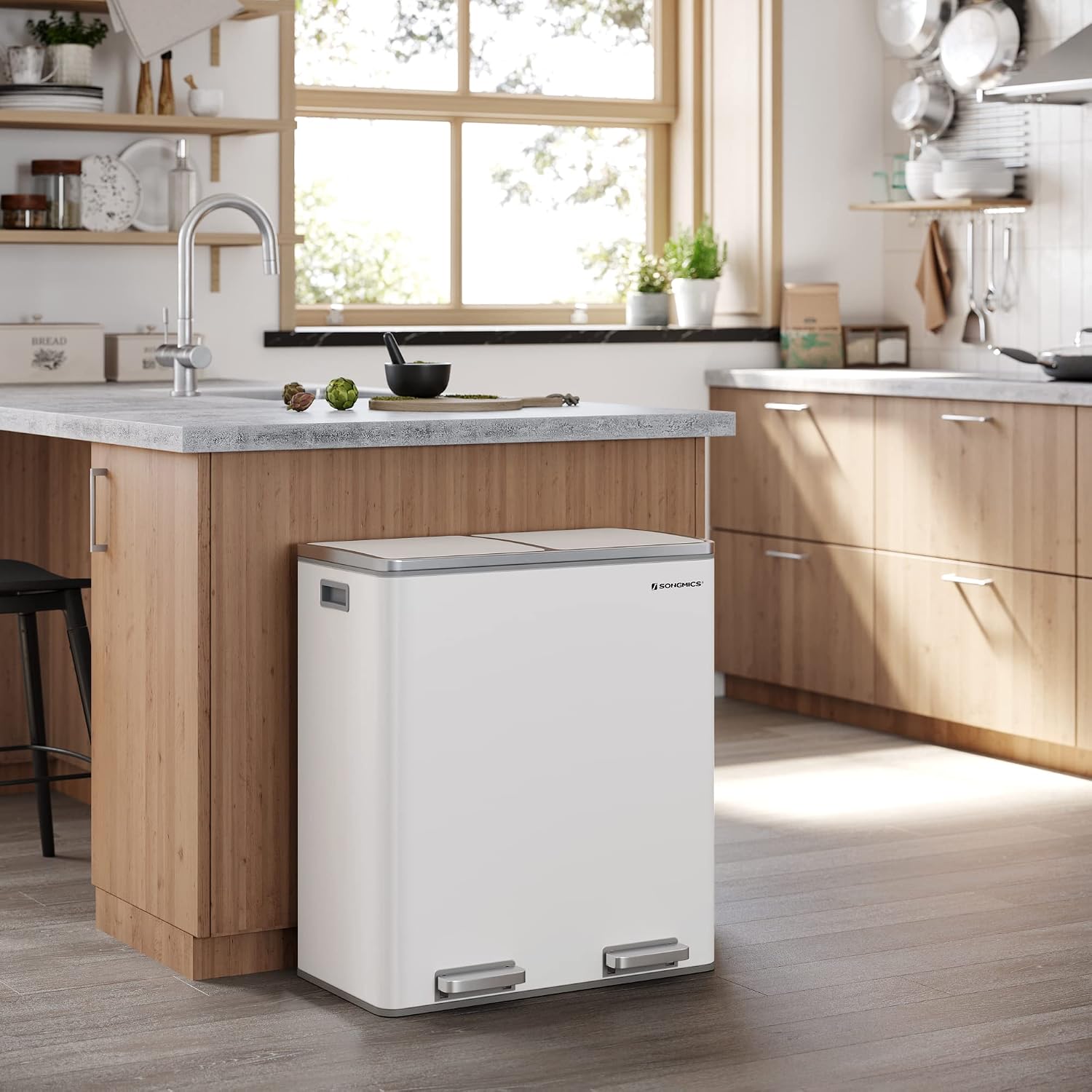 🔥 Cаѕhbасk uр tо 70% SONGMICS Dual Trash Can, 16 Gal (60L) Rubbish Bin and 15 Trash Bags, Metal Step Bin, with Dual Compartments, Plastic Inner Buckets and Hinged Lids, Airtight, White and Gray ULTB60WT