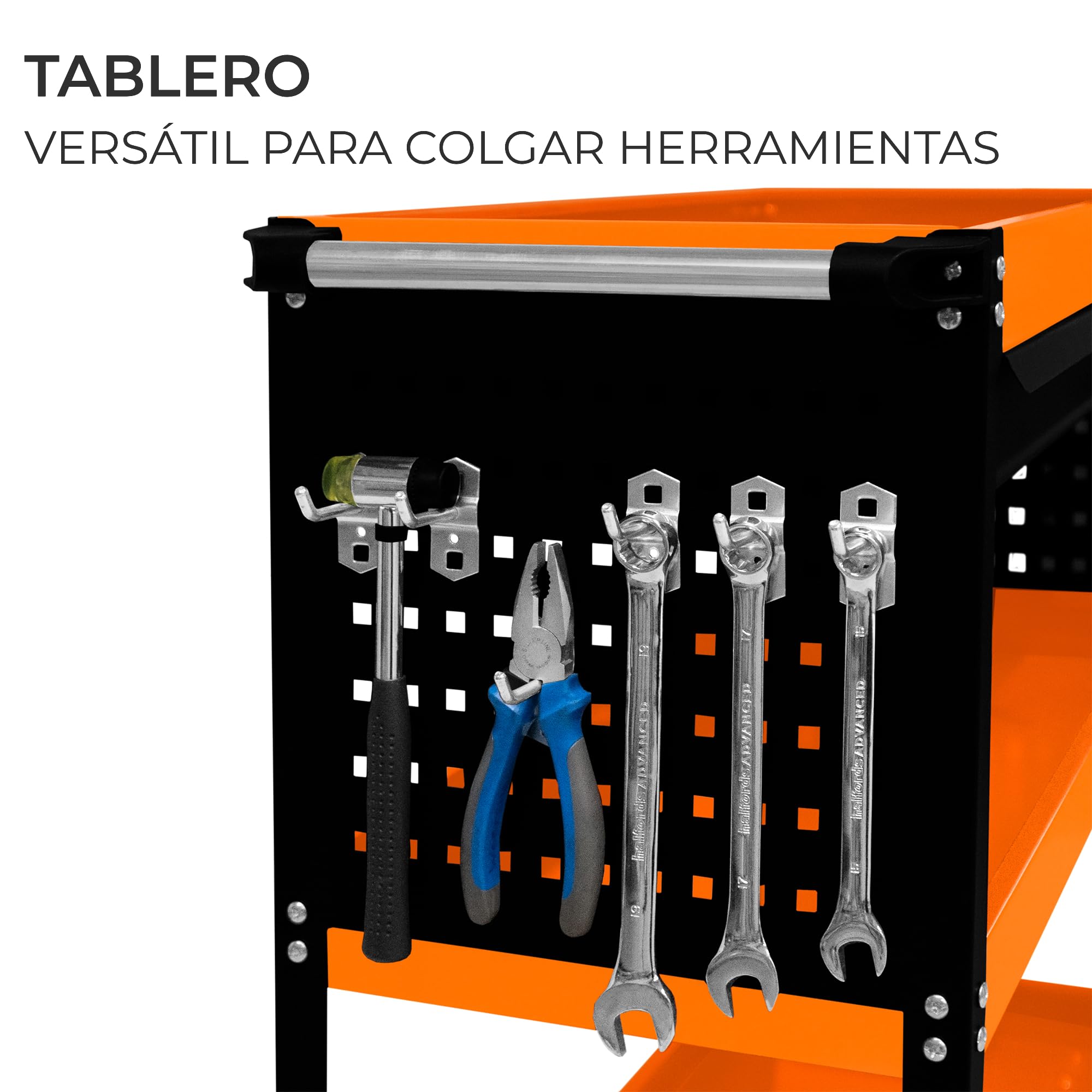 Organizador Herramientas con Ruedas Carrito Portaherramientas de Acero 3 Niveles Carro Duradero Portátil para Taller Garaje Ganchos Llaves Tableros Colgantes Cajón Bloqueable Capacidad 150kg