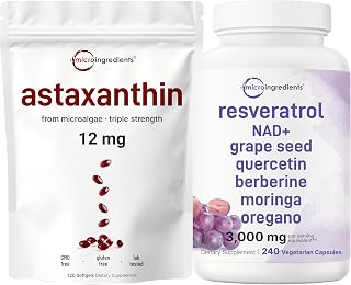Micro Ingredients Astaxanthin 12mg Softgels & Resveratrol NAD Supplements 3,000mg Veggie Capsules | 2 Pack Bundle | Fresh Microalgae Source | 11-in-1 Antioxidant Blend with Quercetin & Berberine