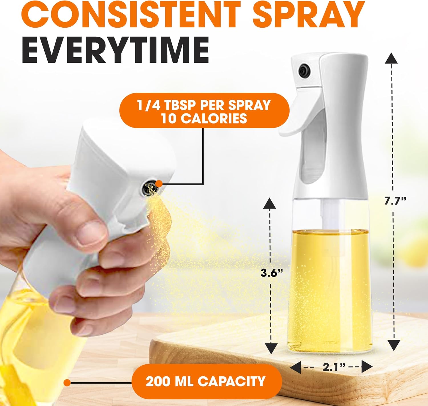 Cheer Collection Plastic Oil Sprayer Set of 2 – 200ml & 300ml Plastic Olive Oil Spray Bottles for Cooking, Food Prep, Salad, BBQ & Air Fryer Use, Easy Press Nozzle, White & Black