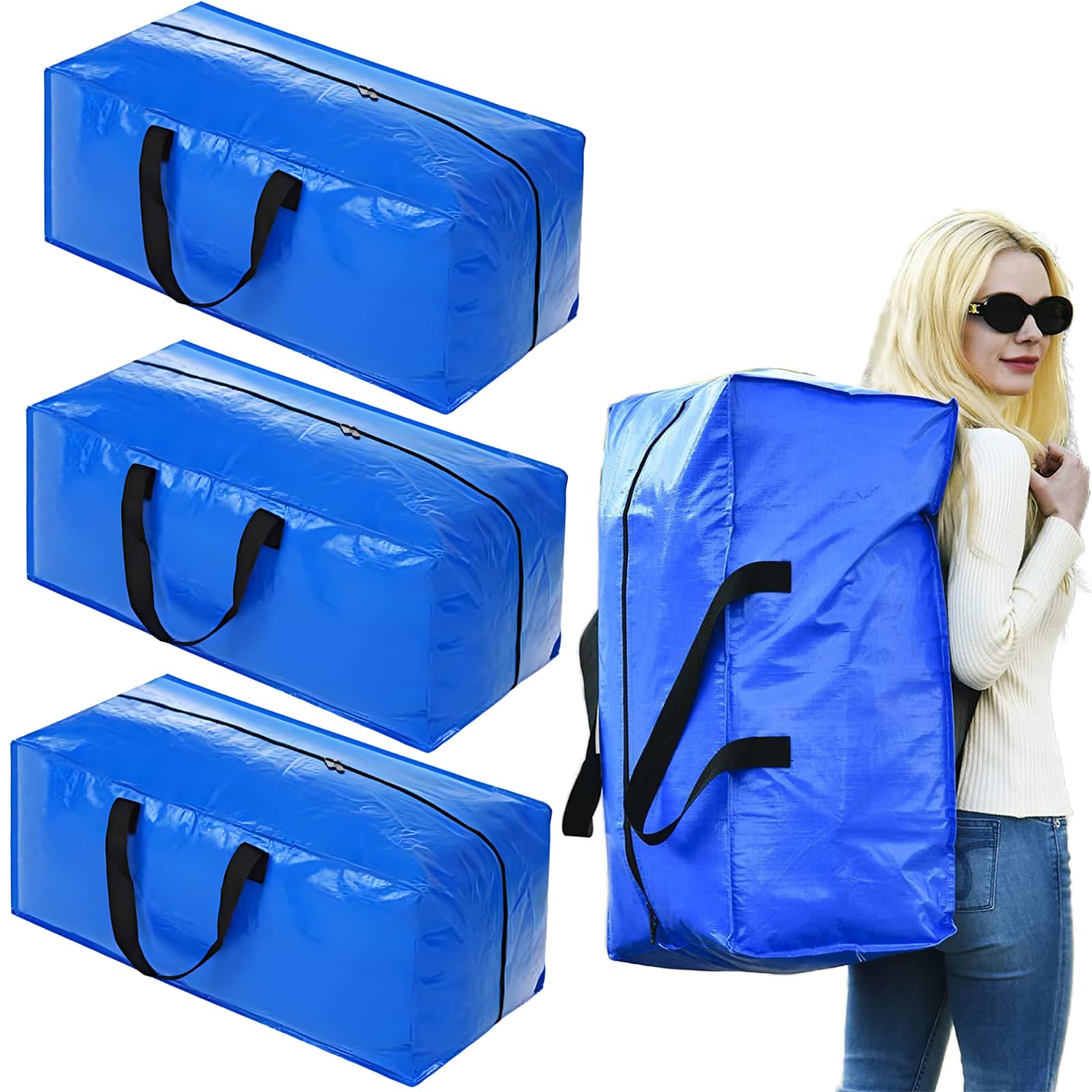 FOREENIU4 Pack Heavy Duty Moving Boxes,Extra Large Packing Bags for Movin with Zipper, Reinforced Handles and Tag Pocket,Storage Bags for Space Saving, Fold Flat, Moving and Storing 93L (Blue)