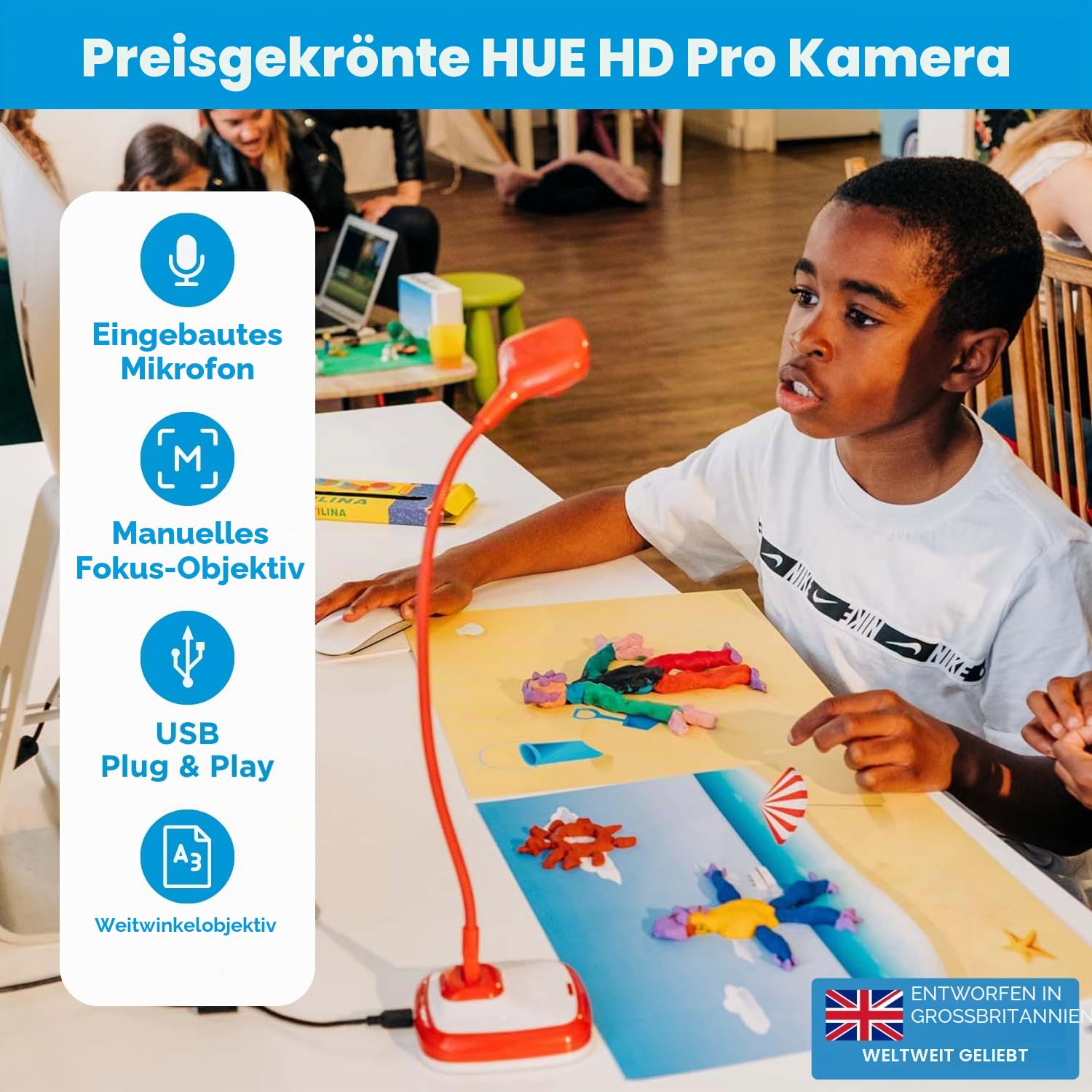 HUE Animation Studio Pro: Stop-Motion-Kit für Windows/macOS, Schwarz | Kinder/Jugendliche & Bastler ab 7 Jahren, Full HD 1080p flexible Kamera, integriertes Mikrofon, LED-Lichter, Software, Buch