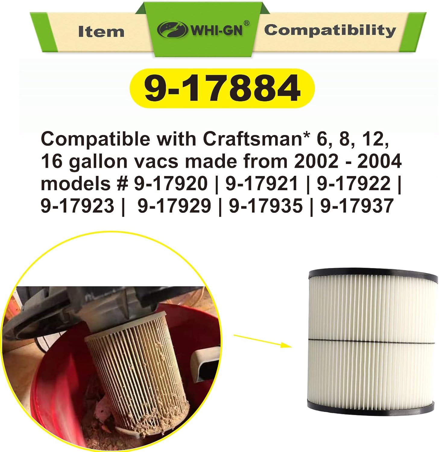 1 Pack 17884 Vacuum Cartridge Filter Replacement for Craftsman shop vac filter 9-17884 17935 17937 17920 for 6 Gallon & Larger Wet/Dry Vacs + 1 Pack Foam Sleeve Filter for Most Branded Vacuums