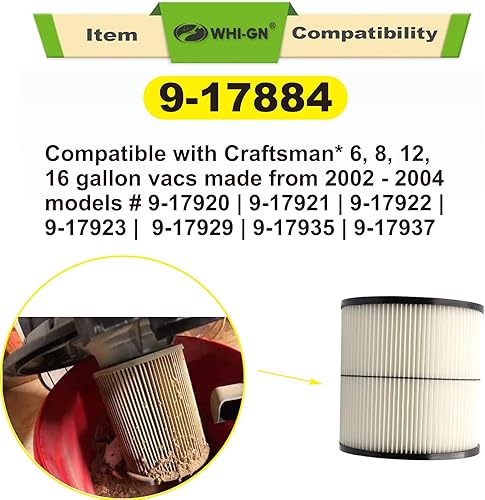 Miniatura 3 de Paquete de 1 filtro de cartucho de vacío 17884 de repuesto para filtro de aspiradora Craftsman Shop 9-17884 17935 17937 17920 para aspiradoras