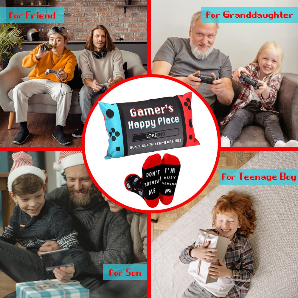 Gamer Gifts for Teenage Boys, 2026 Graduation Gift for Teens, Gaming Dad Gift, Gaming Gifts for Men Brother Uncle Boyfriends, A Pair of Gamer Socks + One Throw Pillow Covers