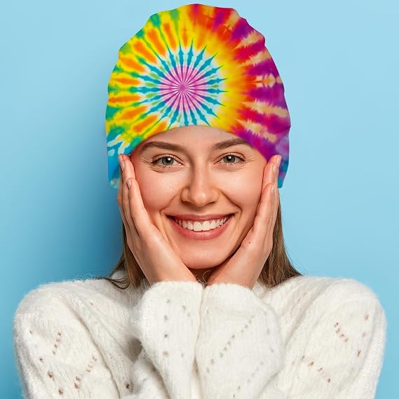 Rainbow Tie dye Holiday Beanie for Women Slouchy Mens Winter Hat Skull Cap Knitted Hat Cancer Headwear Accessories for Women