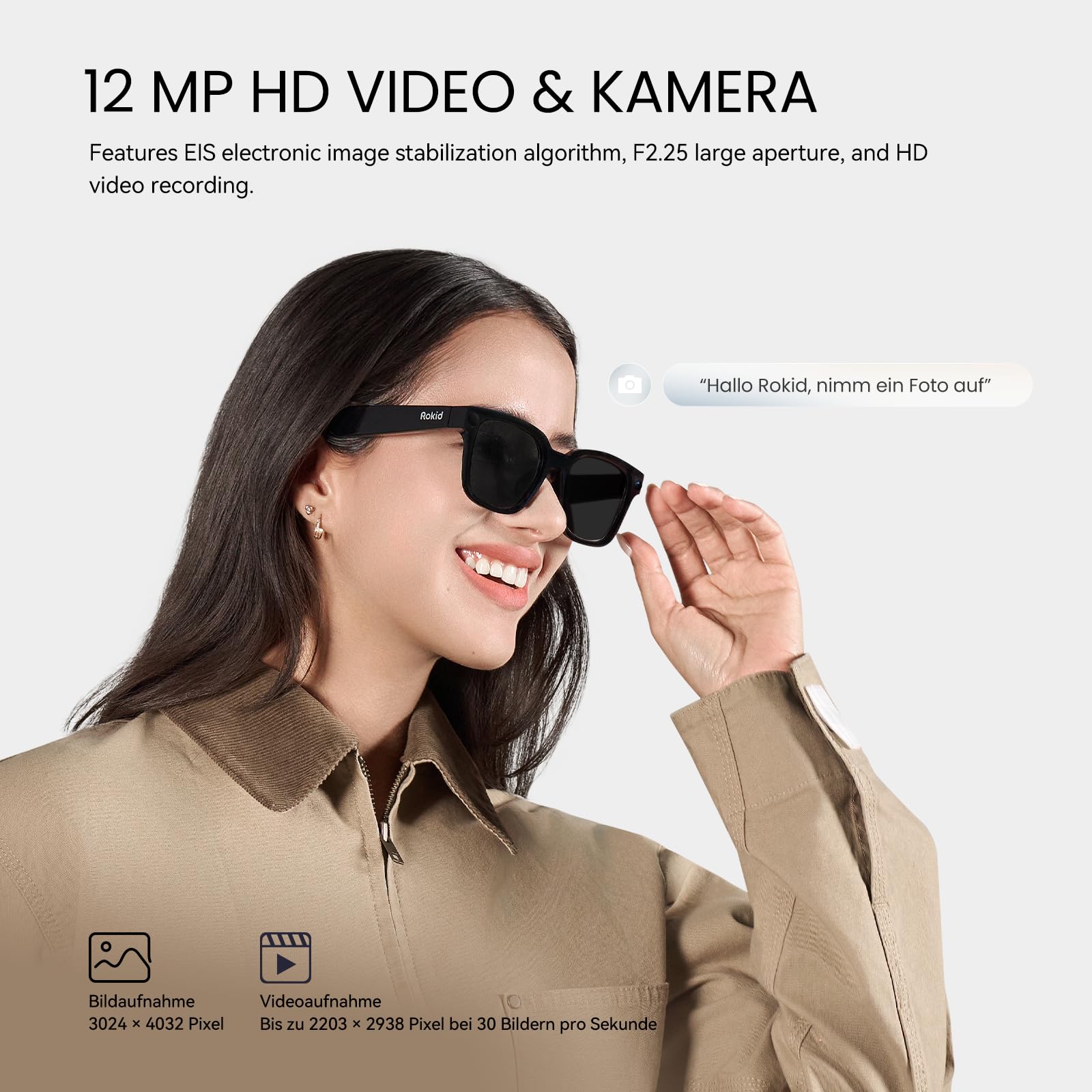 Rokid AI Glasses Style (ohne Display), Smart KI-Brille mit Gemini & ChatGPT, 12MP Kamera, Intelligente Brille mit Open-Ear Audio, Sprachsteuerung, Freisprechfunktion für Reisen & Business