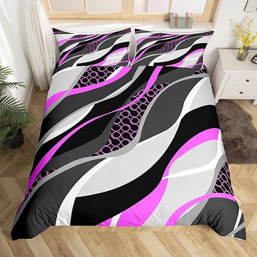 Manfei Juego de funda de edredón de tamaño matrimonial, juego de ropa de cama de 3 piezas con círculos de rayas onduladas abstractas para decoración