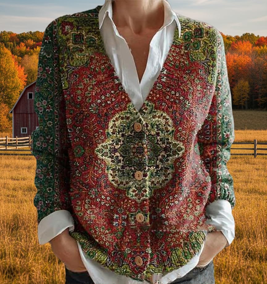 Women's Lightweight Boho Floral Graphic Knit Cardigan Cute Spring Casual Loose Vintage Long Sleeve Button Down Coat - Image 2