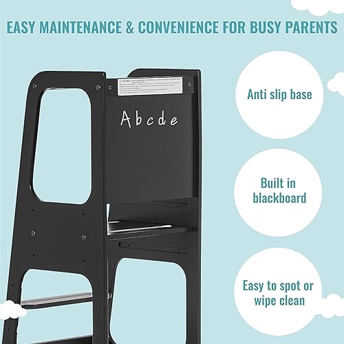 Miniatura 5 de Dream On Me Explora Taburete de torre y escalón en negro, base antideslizante, taburete multiusos para niños, 3 alturas de plataforma, tabla negra