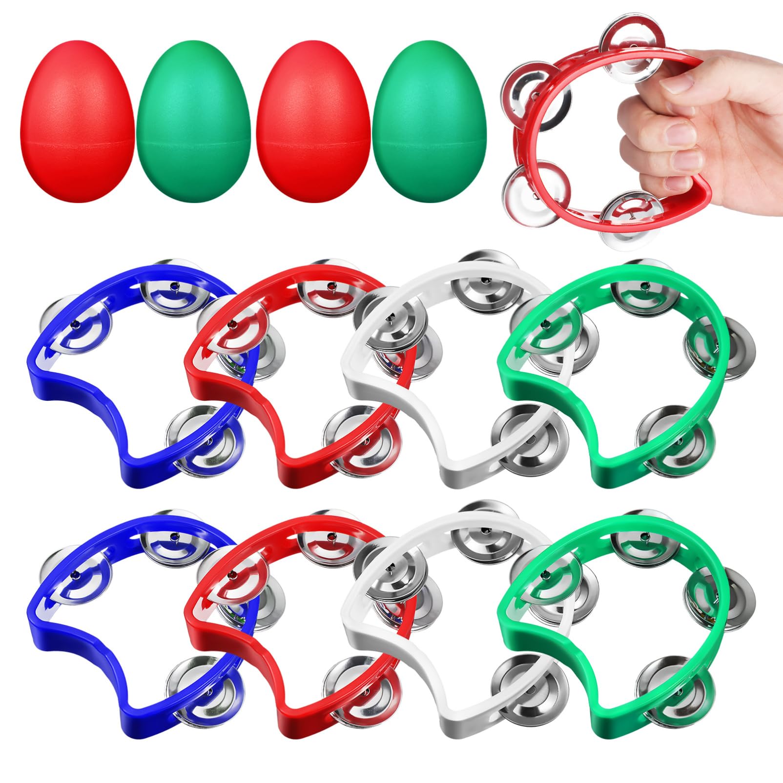HANABASS 8 Pcs Handheld Tambourine with Bells and Egg Percussion Instruments for Parties Musical Classes and Creative Play for Adults