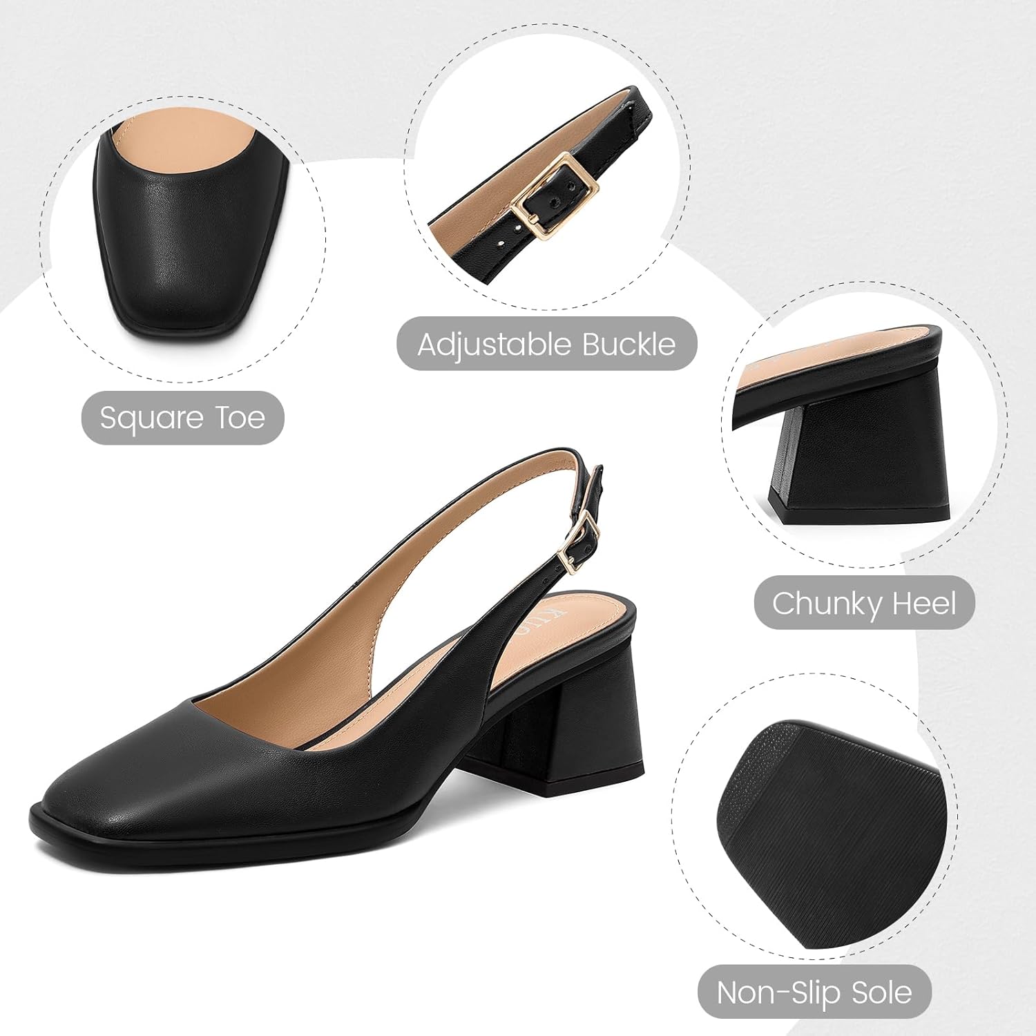 KUOARN Chunky Heels for Women Black Slingback Pumps,2.3 Inch Block Heels Closed Square Toe Pumps Shoes for Work,Party - Image 5