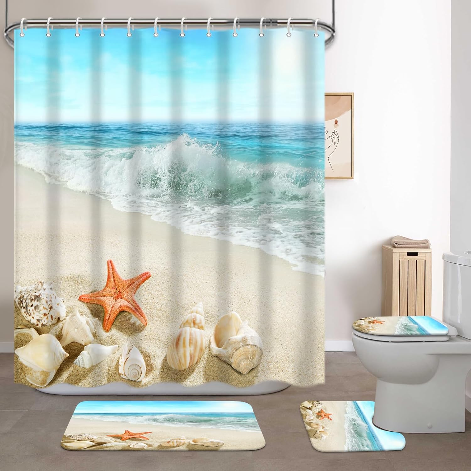 Lnond 4Pcs Summer Beach Bathroom Shower Curtain Sets with Rugs, Sand Starfish Seashell Bathroom Sets with Shower Curtain and Rugs and Accessories