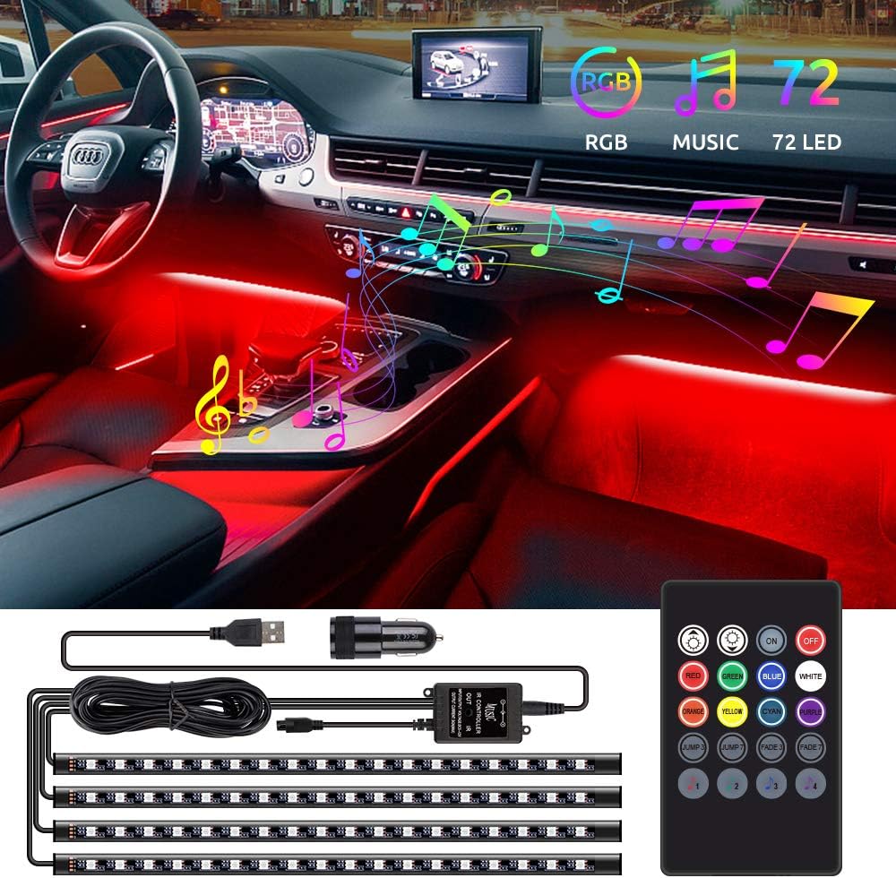 Car LED Interior Lights, Speclux 72 LED DC 12V LED Car Strip Lights 4pcs,Footwell Car Lighting with Wireless Remote Control Music & Voice Control Car Accessories LED (With Car Charger)