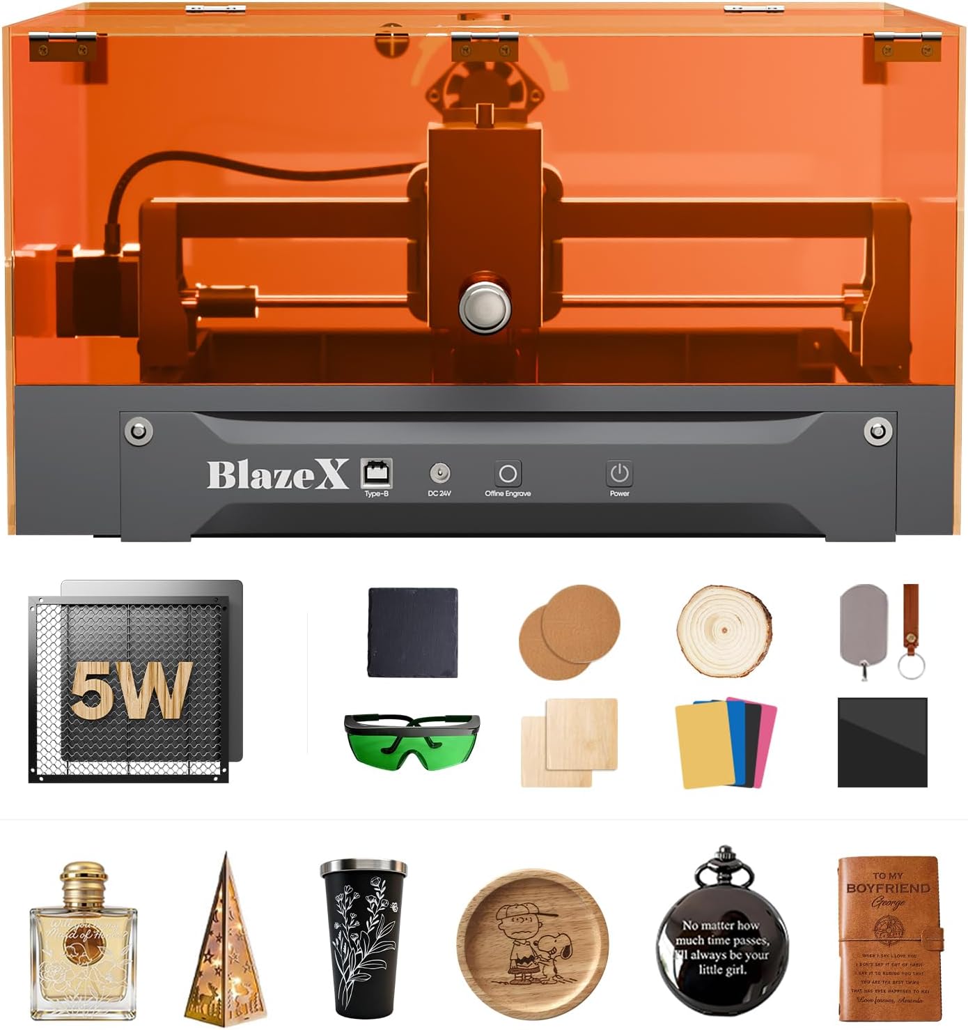 BlazeX M3 Laser Engraver Machine 5000mW, 0.01 mm High Accuracy Laser Cutter and Engraver Machine for Beginners, with Honeycomb Goggles Enclosure Engraving Materials Toolkit, Class 1 Laser