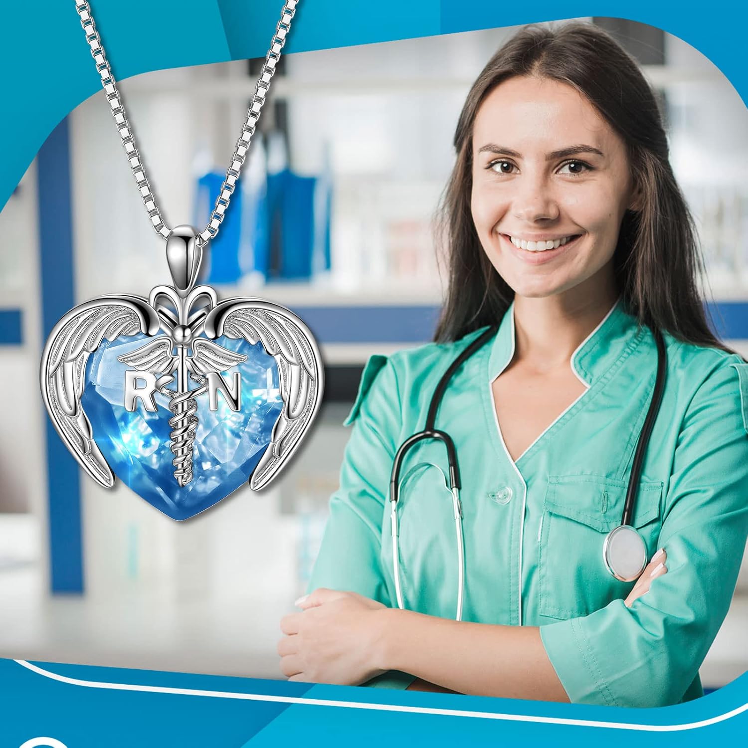 AOBOCO Sterling Silver Registered Nurse RN NP LPN Caduceus Pendant Necklace with Angel Heart Charm Made with Austrian Crystal, Nurse Nursing School Graduation Gifts for Women - Image 6