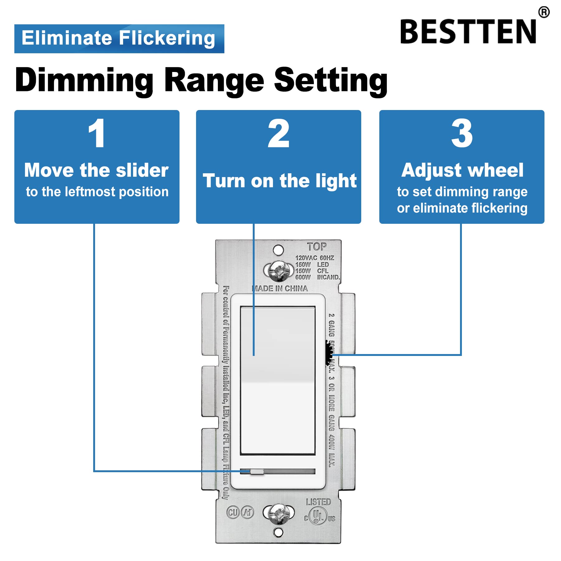 10 Pack] BESTTEN Dimmer Light Switch, Single-Pole or 3-Way, 120V,  Compatible with Dimmable LED, CFL, Incandescent and Halogen Bulbs,  Decorator Wallplate Included, UL Listed, White - - Amazon.com