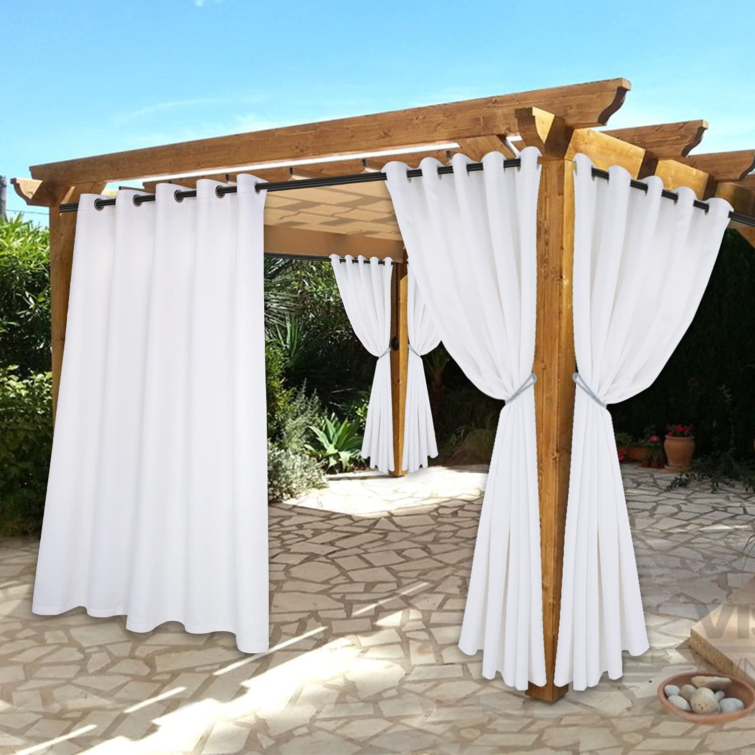 BONZER Waterproof Indoor/Outdoor Curtains for Patio - Thermal Insulated, Sun Blocking Grommet Blackout Curtains for Bedroom, Porch, Living Room, Pergola, Cabana, 2 Panels, 70 x 84 inch, White