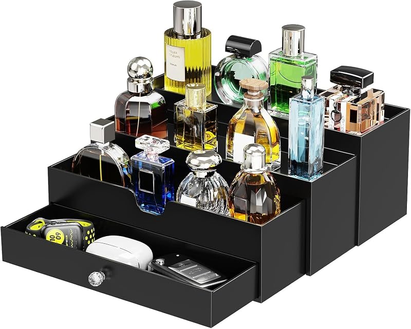 Organizador de perfumes PARKMANI com 3 níveis e gaveta, preto