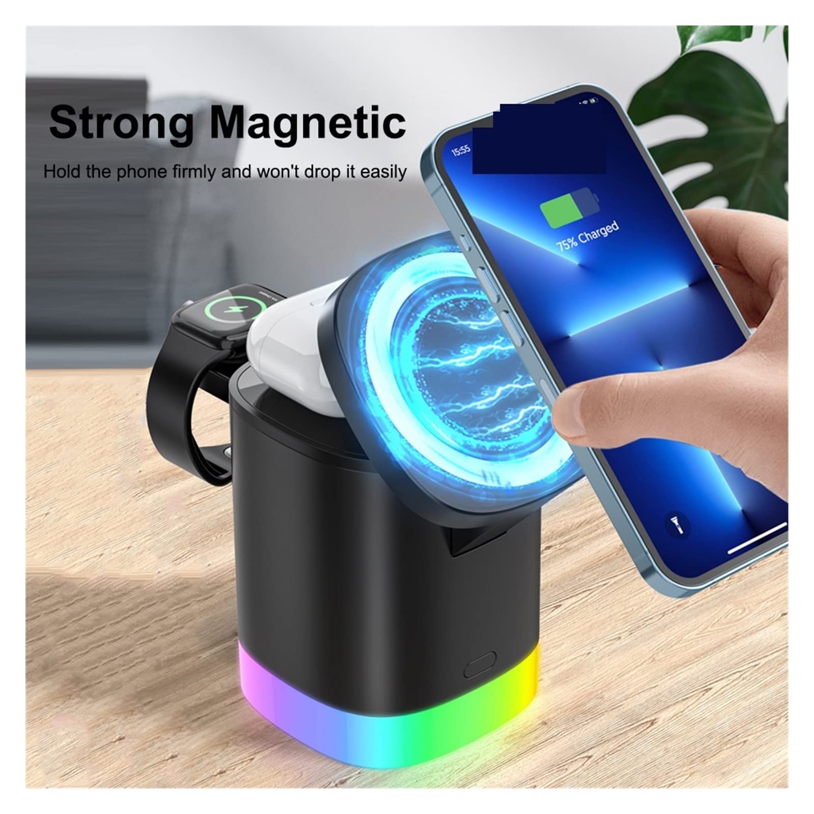 Bezprzewodowa ładowarka Magnetyczna bezprzewodowa ładowarka 3 w 1 Stojak Szybkie ładowanie LED Light Stacja dokująca do zegarka Słuchawki do telefonu(Nero)