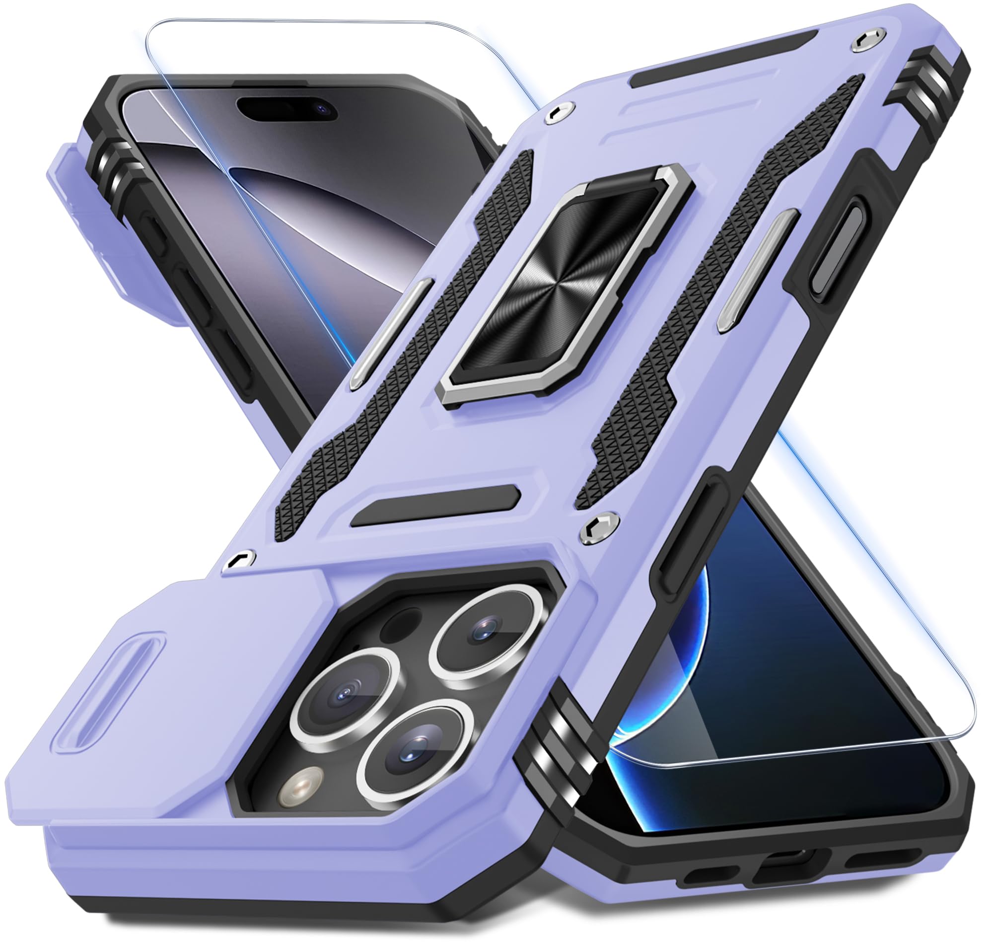 DEERLAMN Case for iPhone 16 Pro Max with Slide Camera Cover+Screen Protector (1 Pack), Rotated Ring Kickstand Military Grade Shockproof Protective Cover-Light Purple