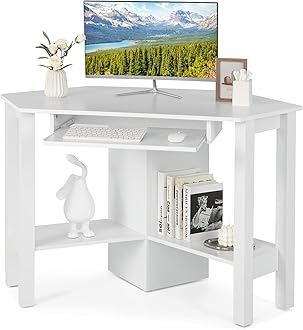 TangkulaCorner Desk, Corner Computer Desk, Wood Compact Home Office Desk, Laptop PC Table Writing Study Table, Workstation with Storage Drawer & Shelves