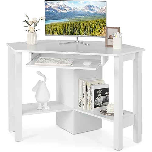 Tangkula Corner Desk, Corner Computer Desk, Wood Compact Home Office Desk, Laptop PC Table Writing Study Table, Workstation with Storage Drawer & Shelves