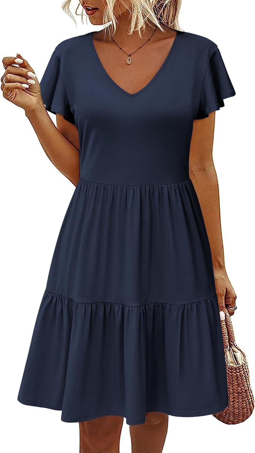 HOTOUCH Women's Casual Summer Dress with Pockets V Neck Ruffle Sleeve A-Line Dresses