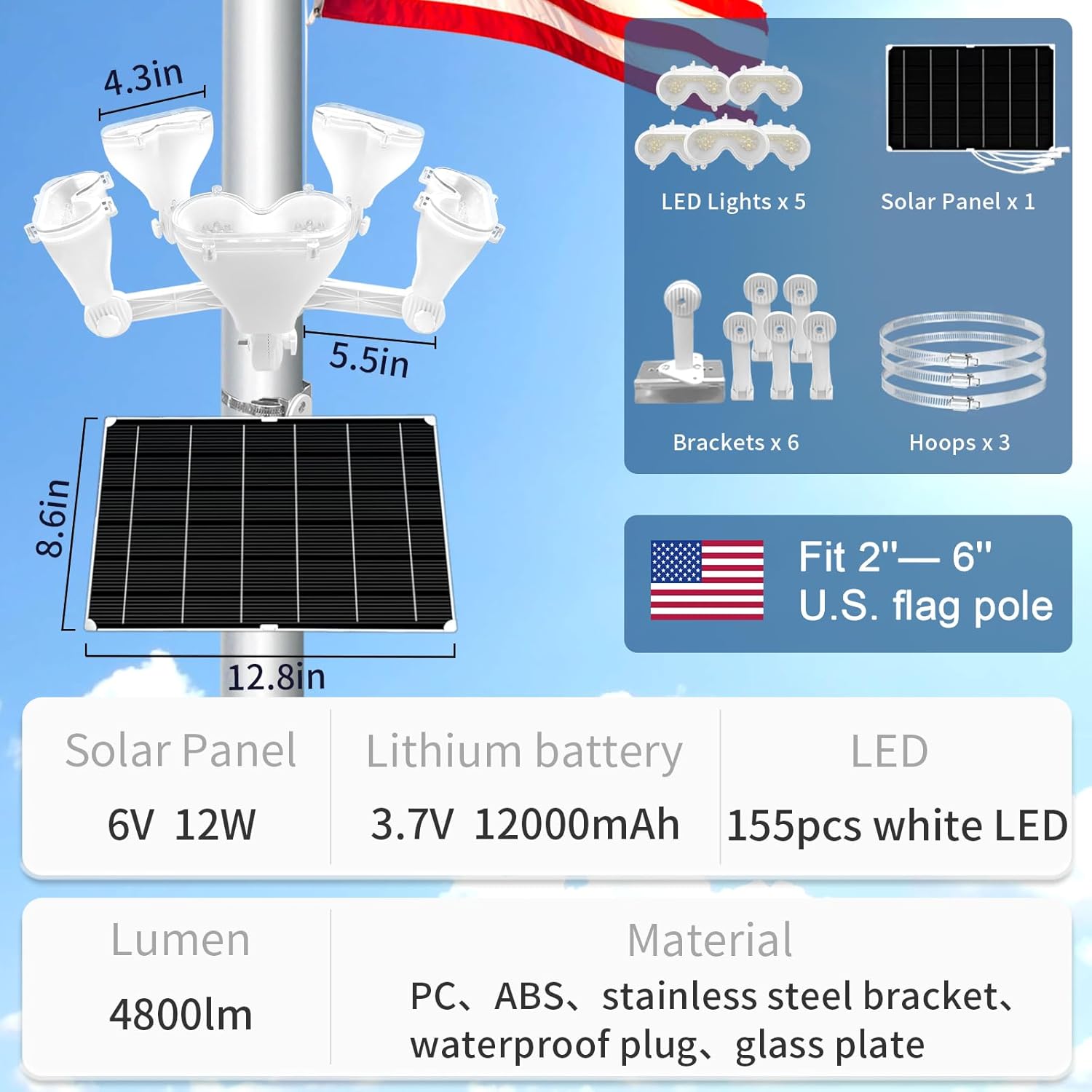 Flagpole Solar Light, Flag Pole Light Solar Powered, 4800LM High Brightness & 12000mAh Battery, IP65 Waterproof 5-in-1 LED Outdoor Flag Lights with Dusk-to-Dawn Sensor