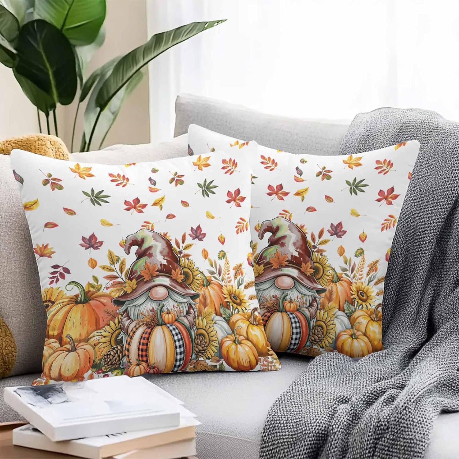Fall Gnomes Outdoor Waterproof Pillow Covers, Thanksgiving Pumpkins Leaf Sunflowers Farm Decorative Square Throw Pillowcase Sofa Cushion Sham for Patio/Couch/Chair, 26"x26" 2 Pack